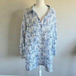 C&C California 100% Linen Shirt Plus Size 3X Blue White Tropical Resort Popover